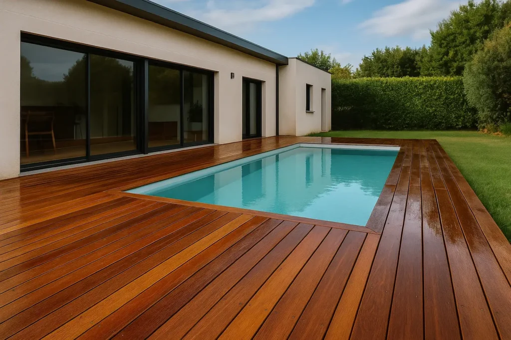Terrasse en bois exotique autour d’une piscine moderne à Toulouse